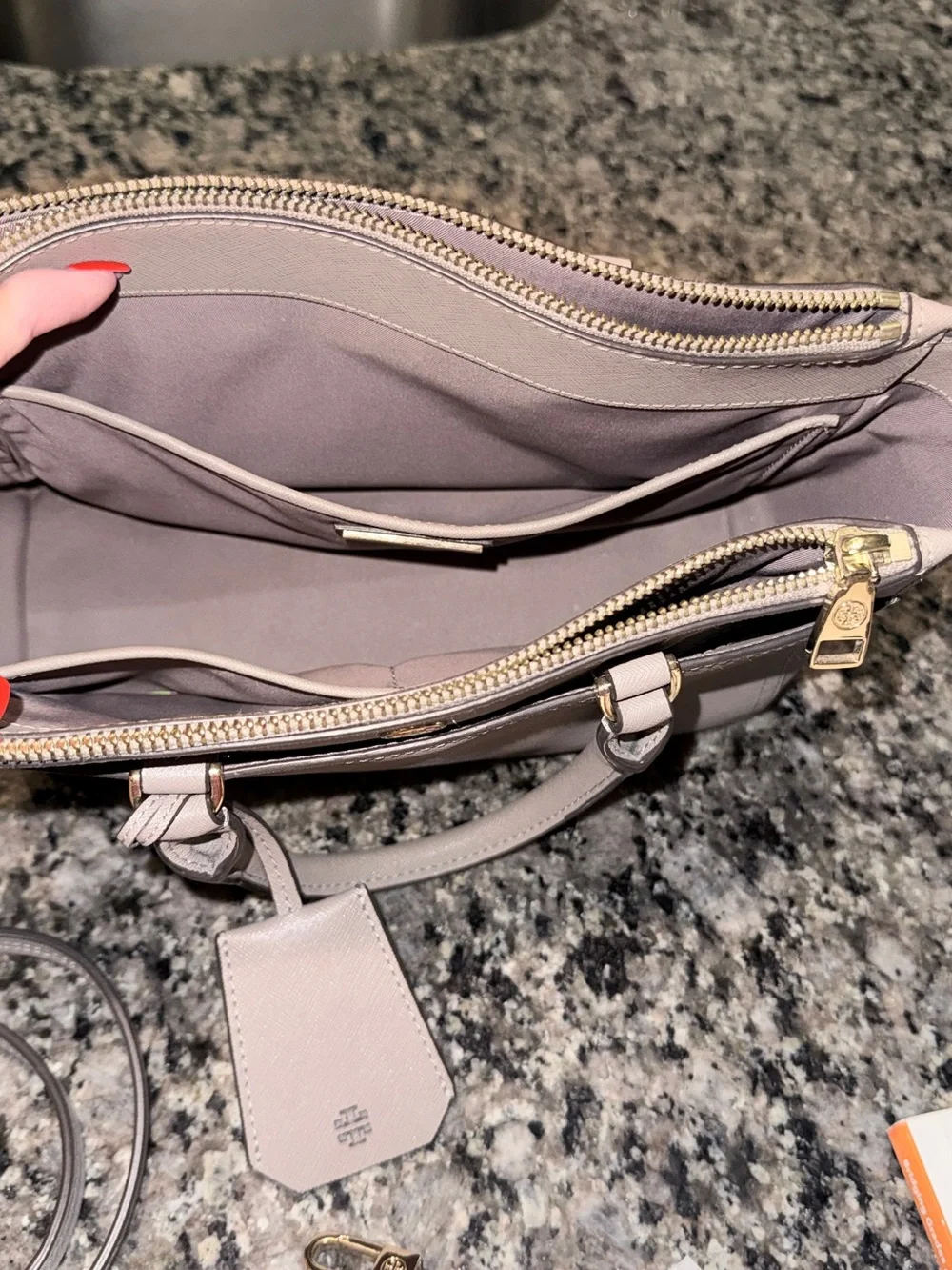 Tory Burch Saffiano Leather Satchel in Light Gray Taupe